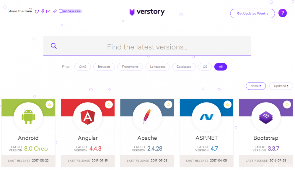 Verstory：可以查询各种开发框架/程序语言/CMS/软件/系统等最新版本的网站