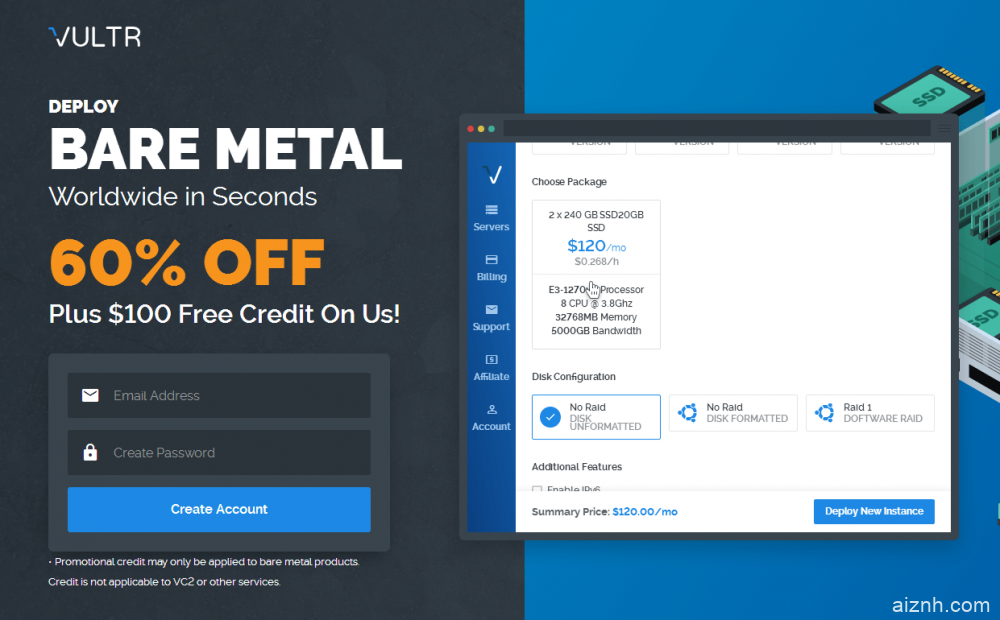 Vultr新老用户免费领取$100 Bare Metal独服使用券